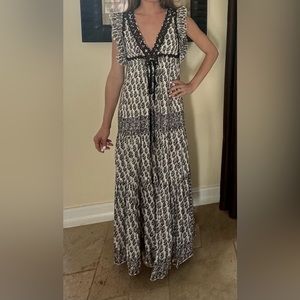 Amita Tory Burch V-Neck Sleeveless Maxi Dress W/ Ruffled Trim